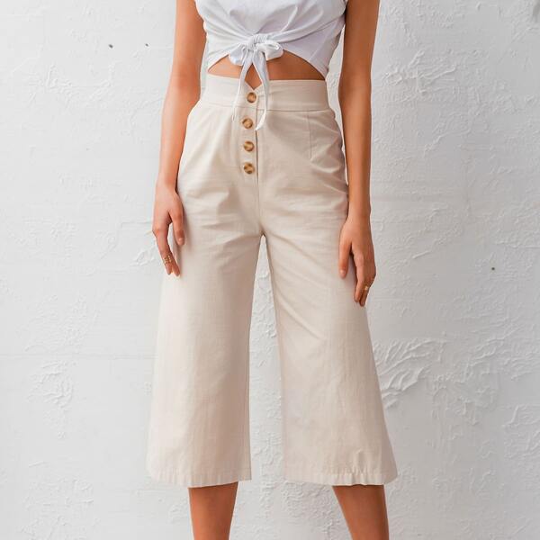 

Simplee Button Fly Solid Capri Pants, Beige