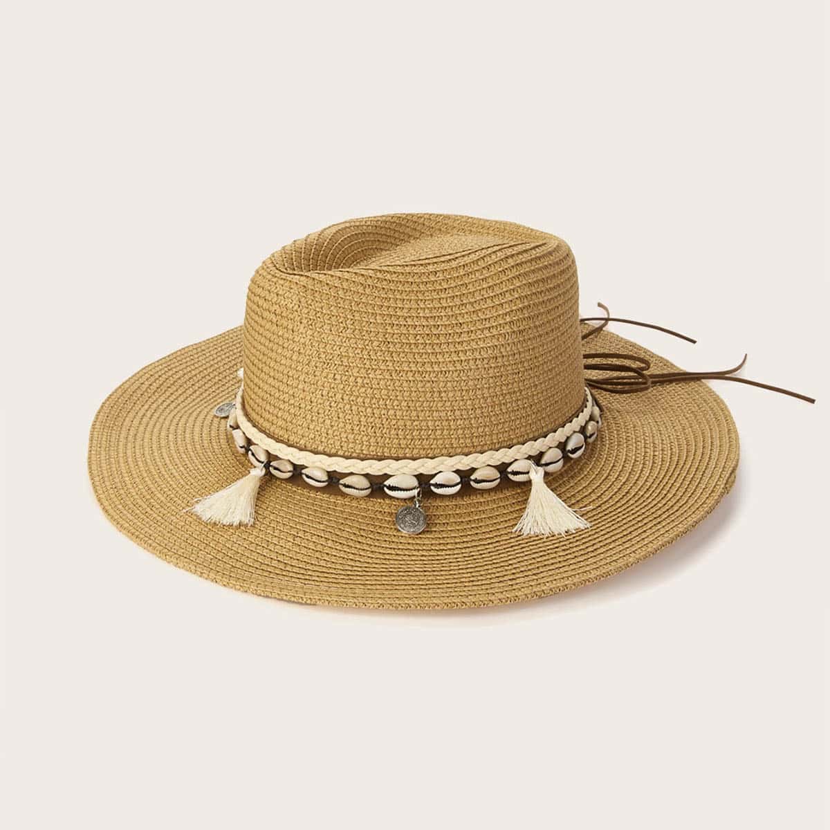 

Tassel & Shell Decor Straw Hat, Khaki