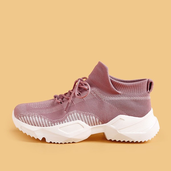 

Knit Lace-up Front Chunky Sneakers, Pink