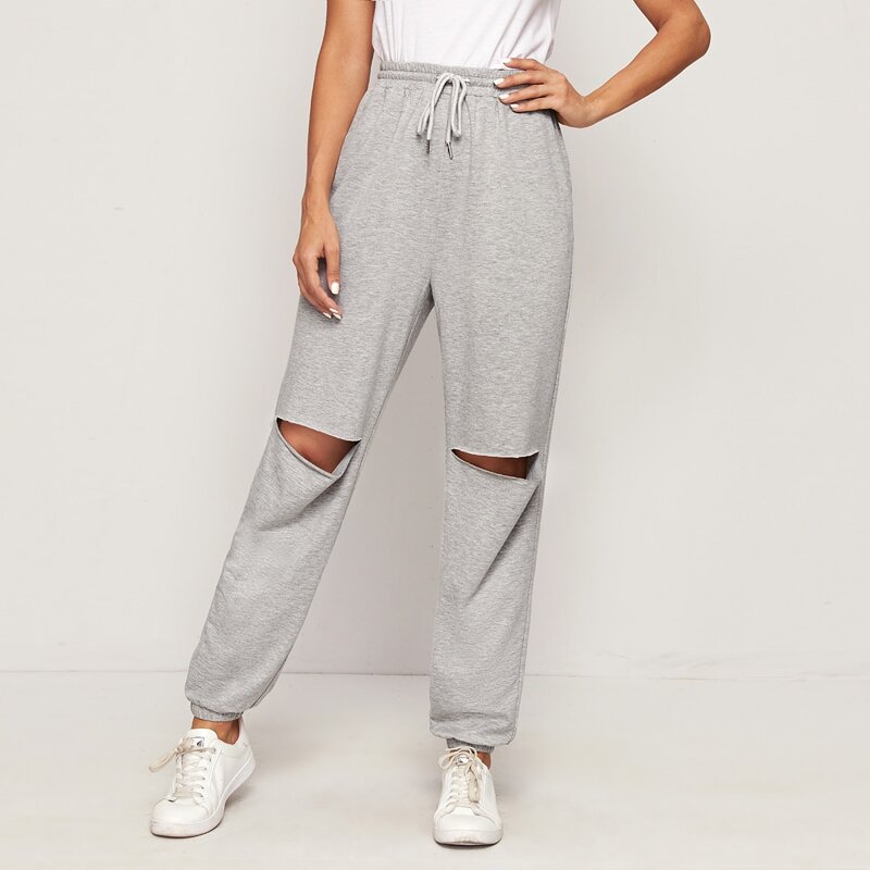 

Drawstring Waist Ripped Detail Heather Gray Joggers, Grey