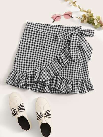 Gingham Ruffled Wrap Mini Skirt