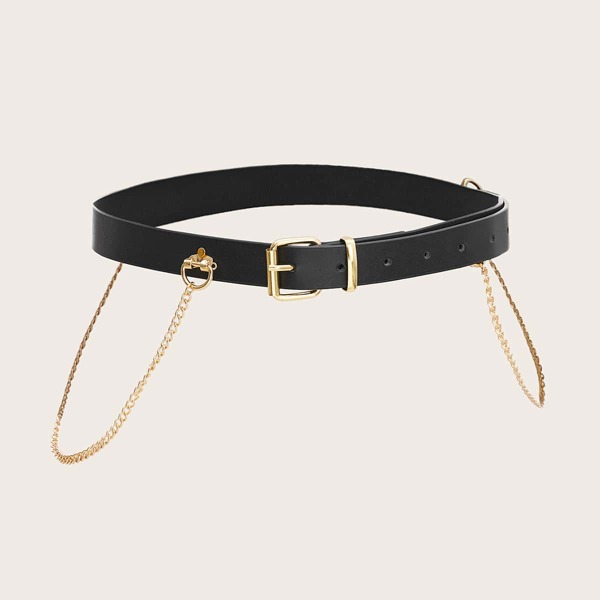 

Chain Decor PU Buckle Belt, Black