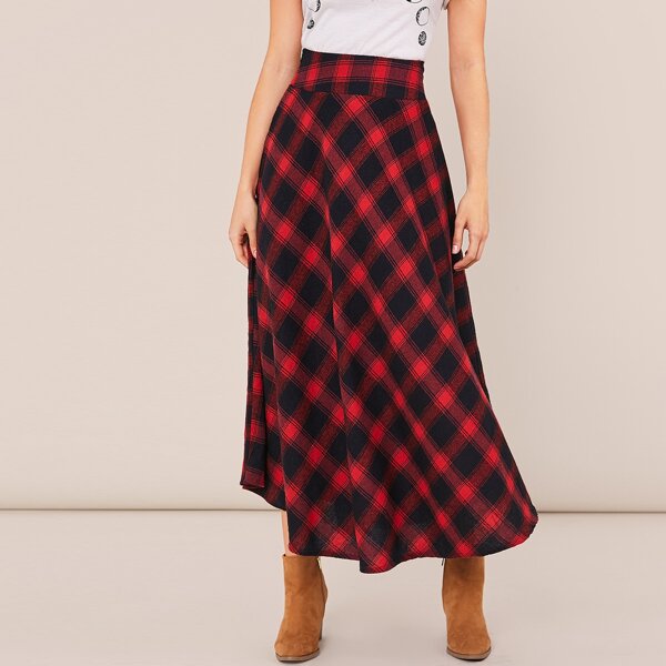 

Wide Waistband Asymmetrical Hem Plaid Skirt, Multicolor