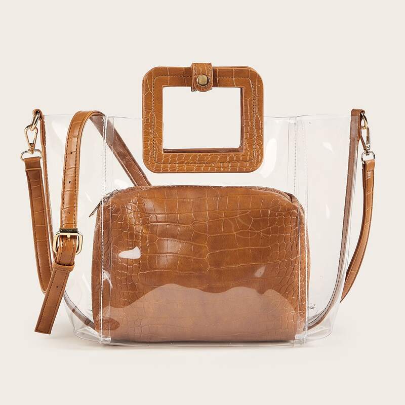 

Clear Satchel Bag With Inner Clutch Bag, Brown