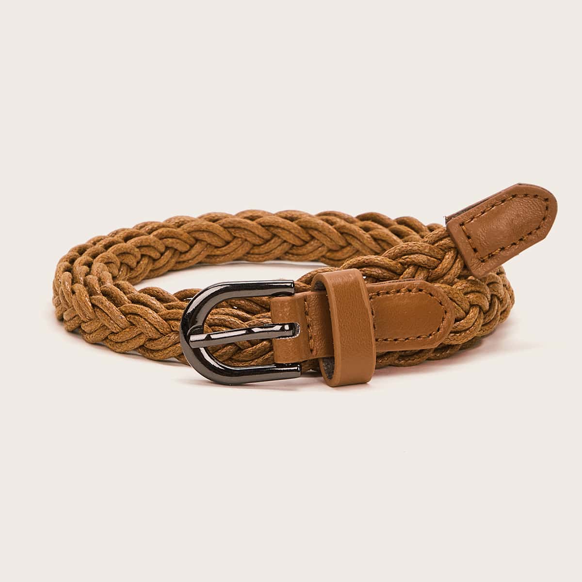 

Metal Buckle Woven Belt, Camel