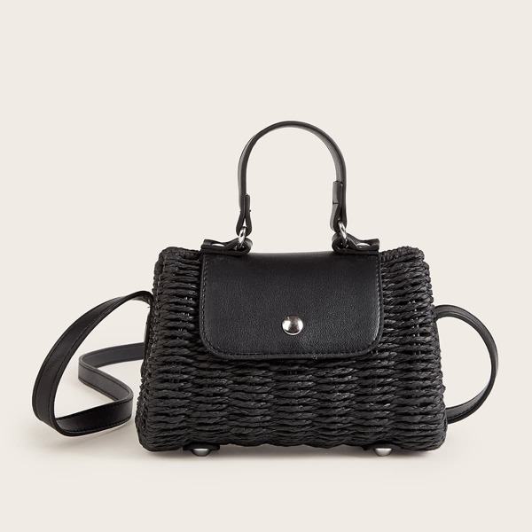 

Flap Woven Satchel Bag, Black