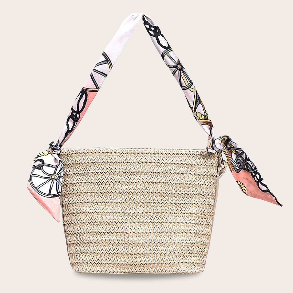 

Fabric Handle Woven Straw Bucket Tote Bag, Beige