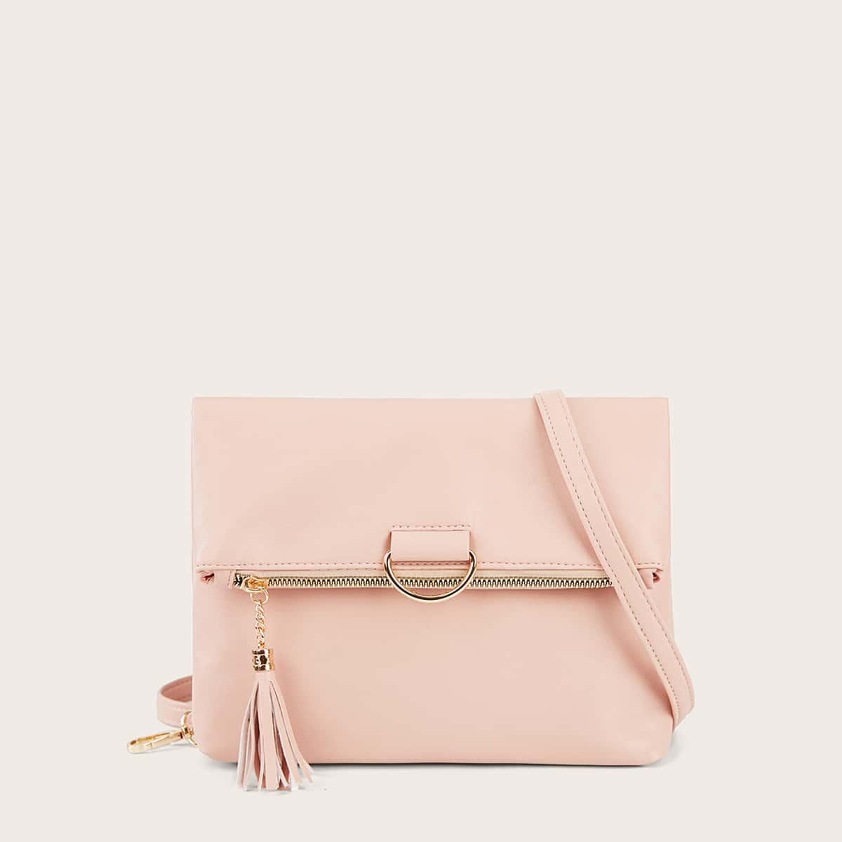 

Tassel Decor Fold Over Crossbody Bag, Pink