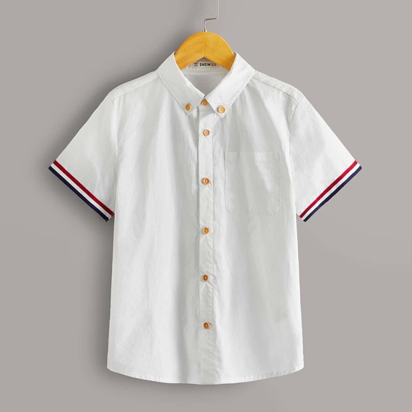 

Boys Striped Trim Pocket Patch Shirt, White