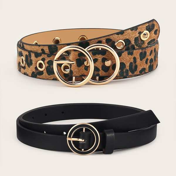 

2pcs Leopard Pattern Eyelet Decor Belt Set, Multicolor