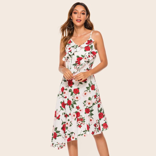 

Ruffle Trim Asymmetrical Hem Cami Dress, Multicolor