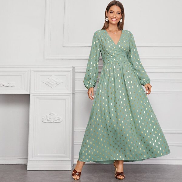 

Polka Dot Surplice Front Dress, Green
