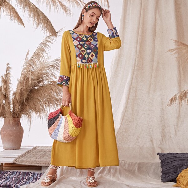 

Tribal Print Tassel Decoration Smock Dress, Yellow