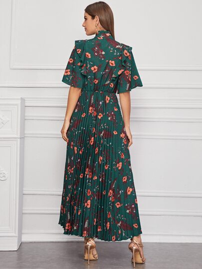 Vestido bajo fruncido de cuello con cordón con estampado floral