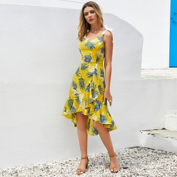 

Ruffle Hem Knotted Strap Tropical Print Dress, Yellow