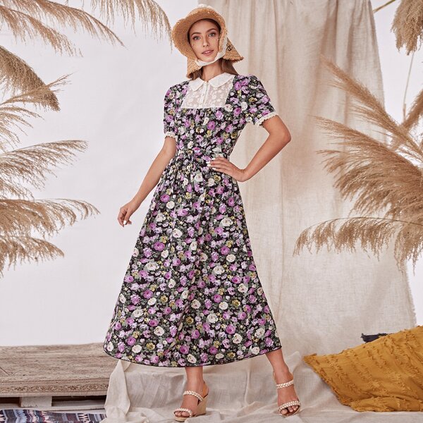 

Floral Print Lace Panel Self Tie A-line Dress, Multicolor