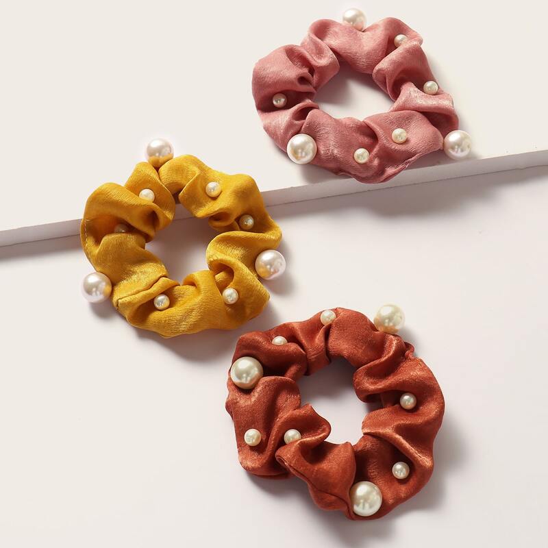 

3pcs Faux Pearl Decor Crumpled Scrunchie, Multicolor