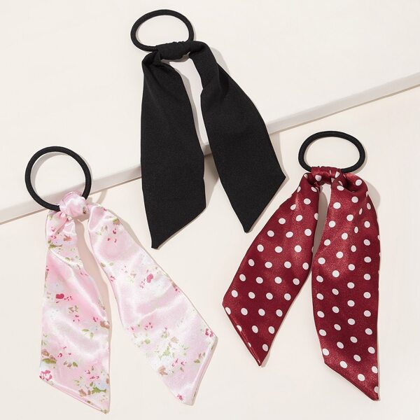 

3pcs Polka Dot & Floral Pattern Bow Decor Hair Tie, Multicolor