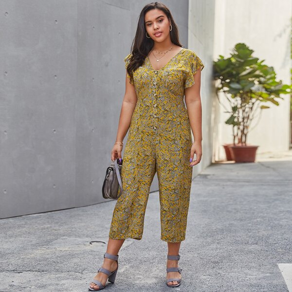

Plus Ditsy Floral Button Front Jumpsuit, Yellow