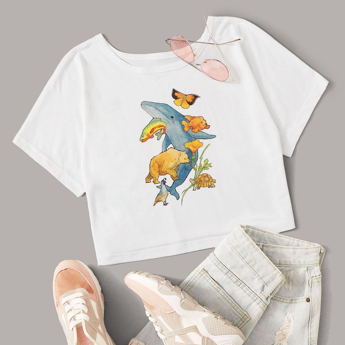 

Animal Graphic Crop Tee, White