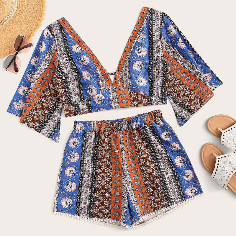 

Tribal Print Tie Back Top & Shorts, Multicolor