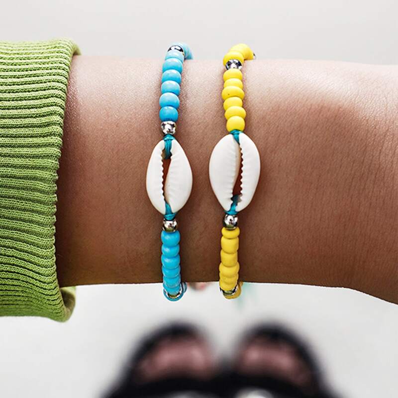 

2pcs Shell Decor Beaded Bracelet, Multicolor