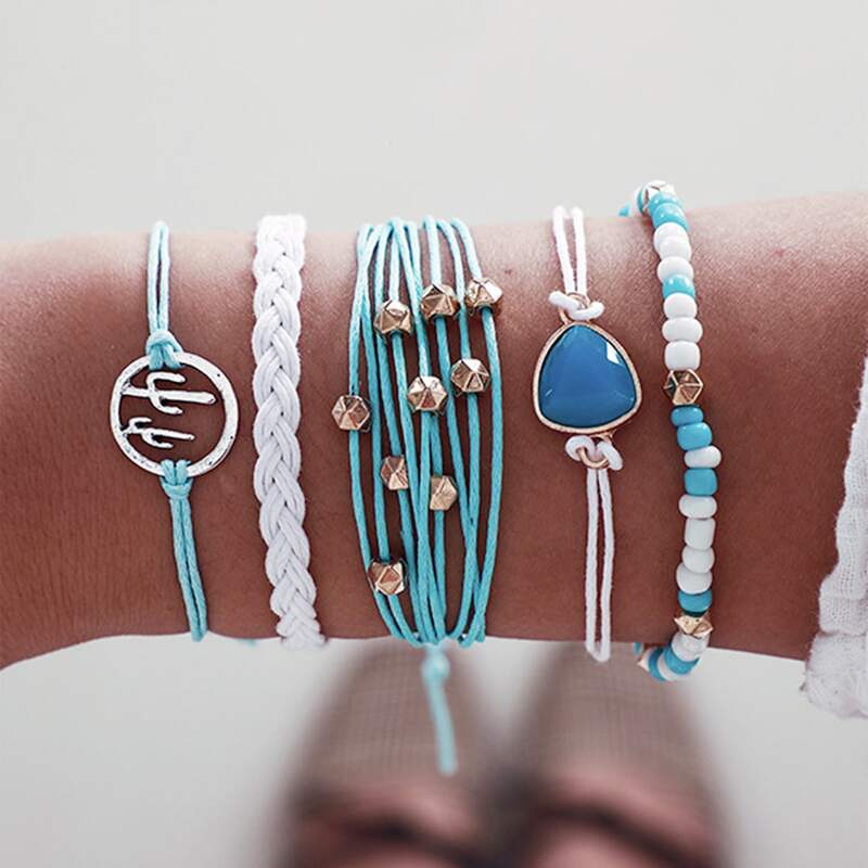 

5pcs Cactus & Bead Decor String Bracelet, Multicolor