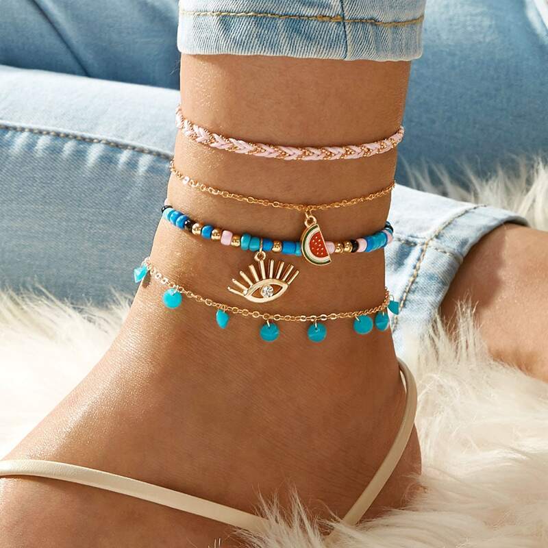 

4pcs Eye & Watermelon Charm Anklet Set, Multicolor