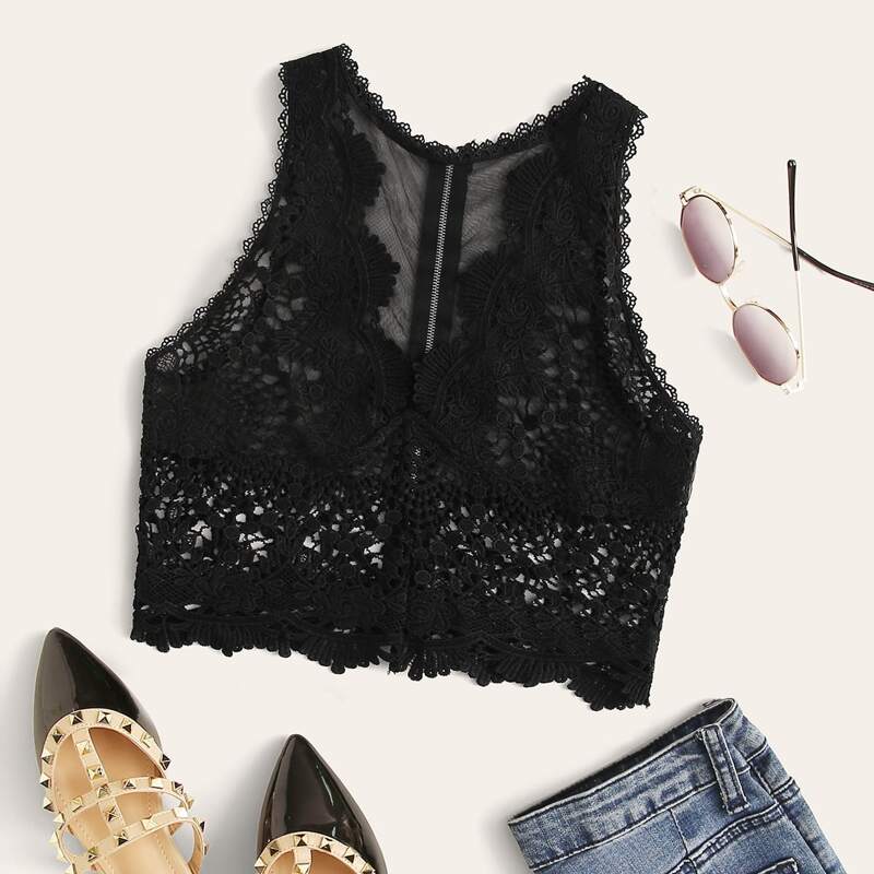 

Zip Back Mesh Panel Guipure Lace Tank Top, Black