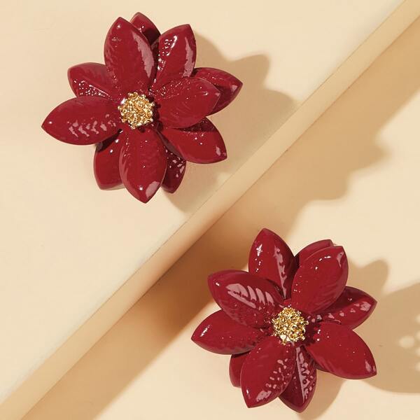 

1pair 3D Floral Shaped Stud Earrings, Red