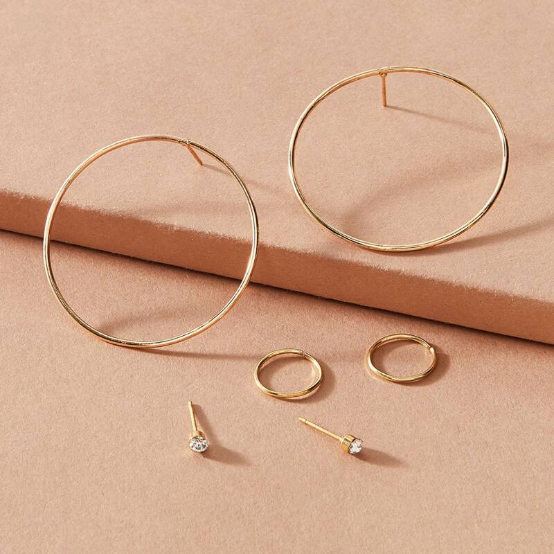 

3pairs Circle & Rhinestone Engraved Earrings, Gold