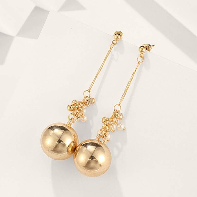 

1pair Faux Pearl & Ball Decor Long Drop Earrings, Gold