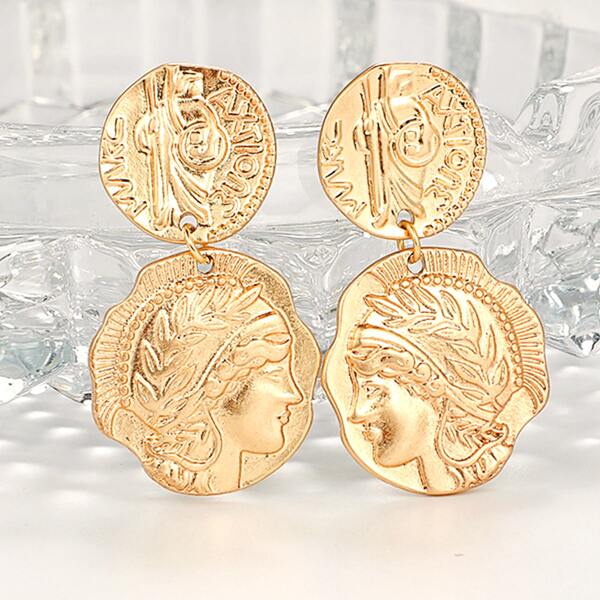 

1pair Metallic Coin Decor Drop Earrings, Gold