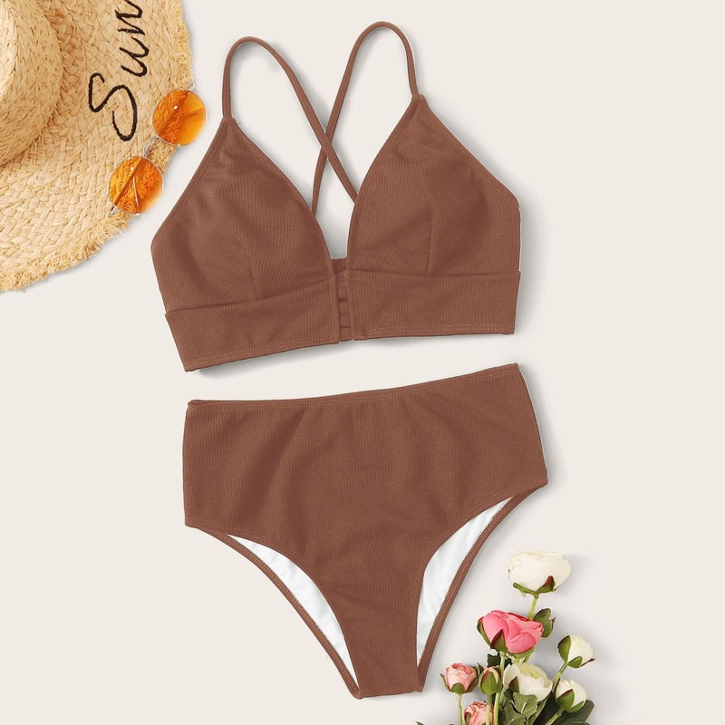 

Rib Lace Up Back High Waisted Bikini Swimsuit, Brown