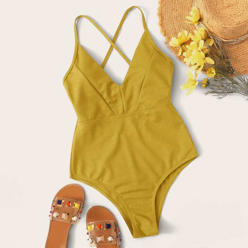 

Criss Cross Tie Back One Piece Swimsuit, Yellow