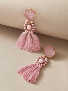 1pair Tassel Decor Beaded Drop Earrings - Pink - View 1