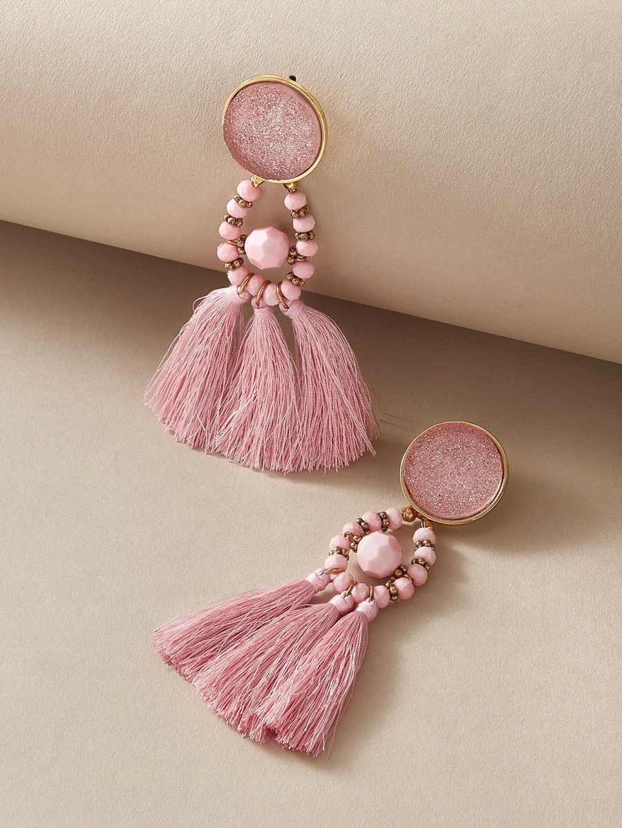 1pair Tassel Decor Beaded Drop Earrings - Pink - View 1