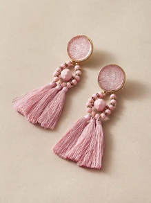 1pair Tassel Decor Beaded Drop Earrings - Pink - View 2