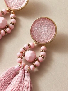 1pair Tassel Decor Beaded Drop Earrings - Pink - View 3