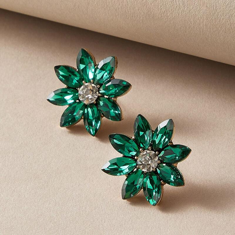 

1pair Rhinestone Decor Flower Shaped Stud Earrings, Green