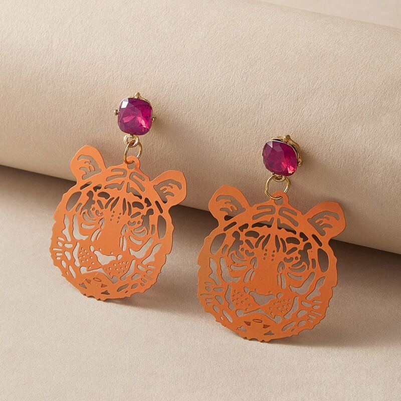 

1pair Rhinestone Engraved & Tiger Head Decor Drop Earrings, Orange