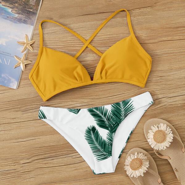 

Tie Back Random Palm Leaf Print Bikini Swimsuit, Multicolor
