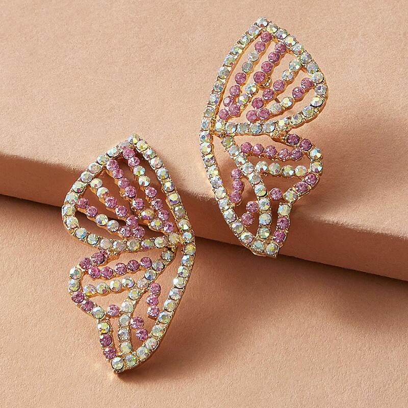

1pair Rhinestone Engraved Wing Shaped Stud Earrings, Multicolor