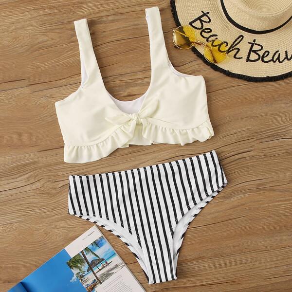 

Striped Tie Front Ruffle Bikini Swimsuit, Multicolor
