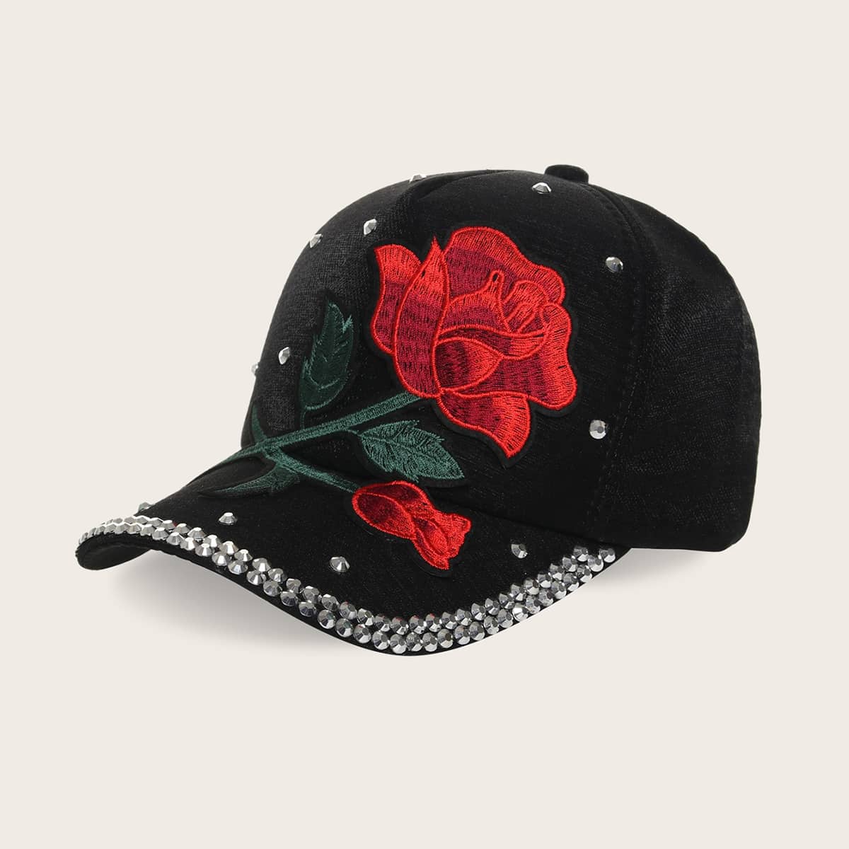 

Rivet Decor Floral Embroidery Baseball Cap, Black