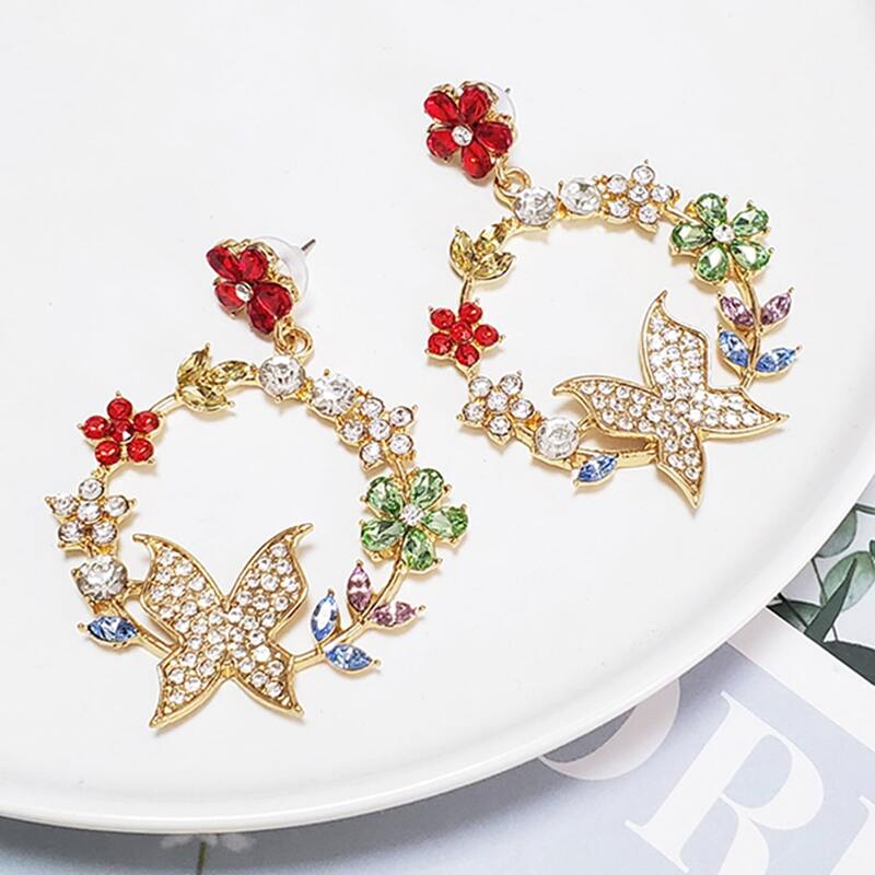 

1pair Rhinestone Engraved Floral Round Drop Earrings, Multicolor