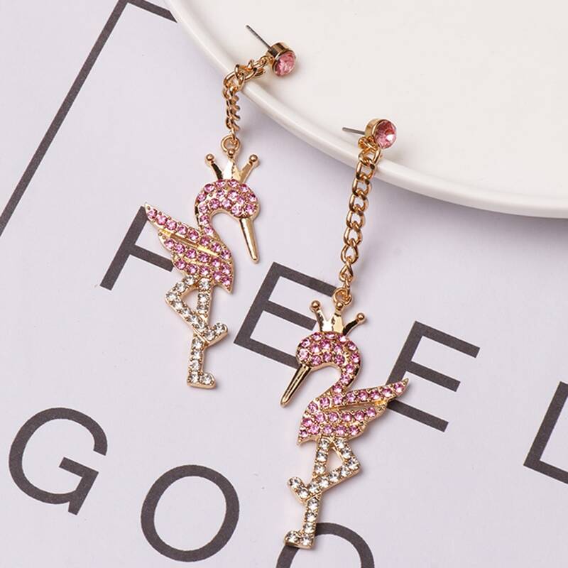 

1pair Rhinestone Engraved Flamingo & Chain Decor Drop Earrings, Multicolor