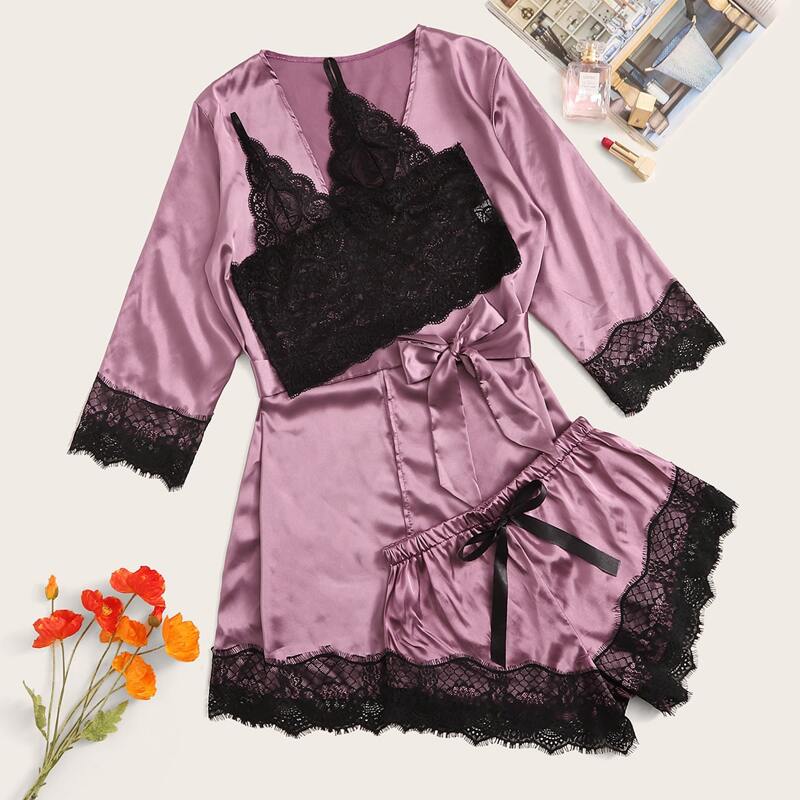 

3pack Floral Lace Lingerie Set With Belted Satin Robe, Purple