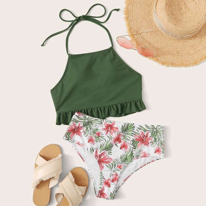 

Ruffle Hem Floral Bikini Swimsuit, Multicolor