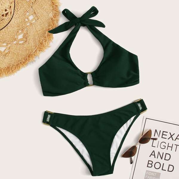 

Rib Ring Linked Halter Bikini Swimsuit, Green